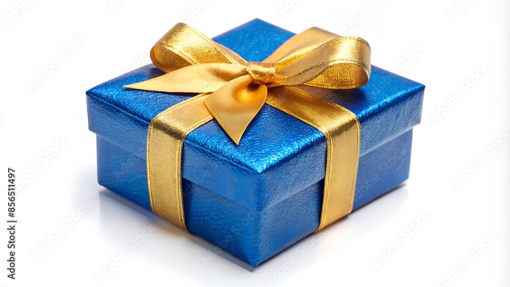 A blue gift box wrapped in a shiny gold ribbon, isolated on a white background.
A blue gift box wrapped in a shiny gold ribbon, isolated on a white background.