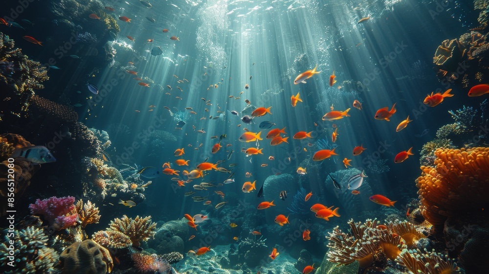 A serene underwater scene, showcasing a lush coral reef brimming with life. Fish of various hues dart through the water, while rays of sunlight penetrate the depths, creating a mesmerizing dance of A serene underwater scene, showcasing a lush coral reef brimming with life. Fish of various hues dart through the water, while rays of sunlight penetrate the depths, creating a mesmerizing dance of
