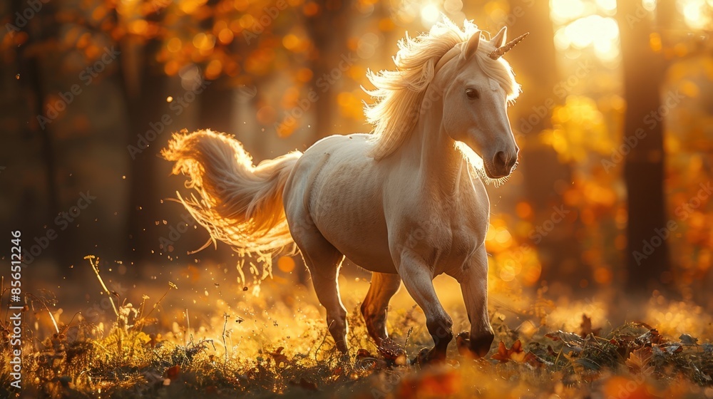 In a lush, enchanted forest, a unicorn gracefully prances through the trees, its movements fluid and lifelike. The sunlight filters through the leaves, highlighting the unicorn's sleek, realistic In a lush, enchanted forest, a unicorn gracefully prances through the trees, its movements fluid and lifelike. The sunlight filters through the leaves, highlighting the unicorn's sleek, realistic