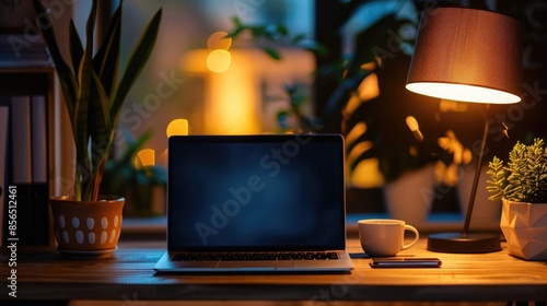 Wallpaper Mural Workplace with laptop and coffee cup on table in room at night Torontodigital.ca