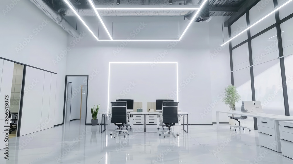 Interior of modern office with white walls, concrete floor, rows of computer tables with black chairs and horizontal mock up poster Interior of modern office with white walls, concrete floor, rows of computer tables with black chairs and horizontal mock up poster