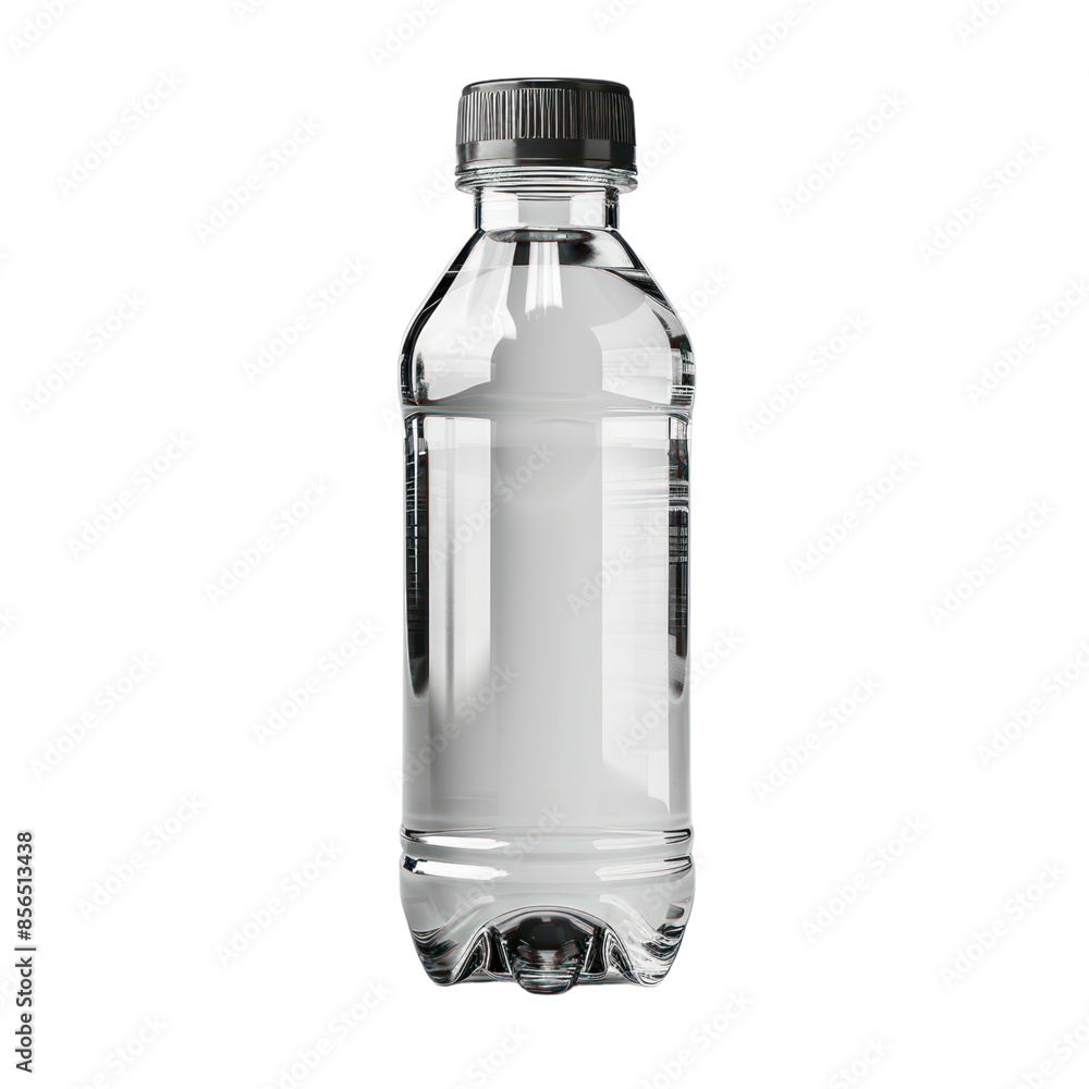 Clear plastic water bottle with black cap, isolated on white background.