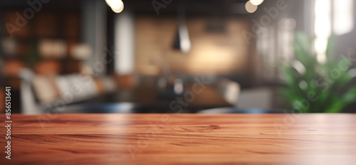 Polished wooden table top in sharp focus, with a soft-focused busy office environment in the background, ideal for professional product showcases