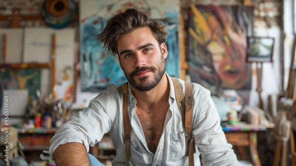A young man with an artistic style is seen in an art studio. He is wearing a vintage shirt, suspenders, and jeans. His hair is styled in a creative, unkempt look, and his beard is well-groomed. The A young man with an artistic style is seen in an art studio. He is wearing a vintage shirt, suspenders, and jeans. His hair is styled in a creative, unkempt look, and his beard is well-groomed. The