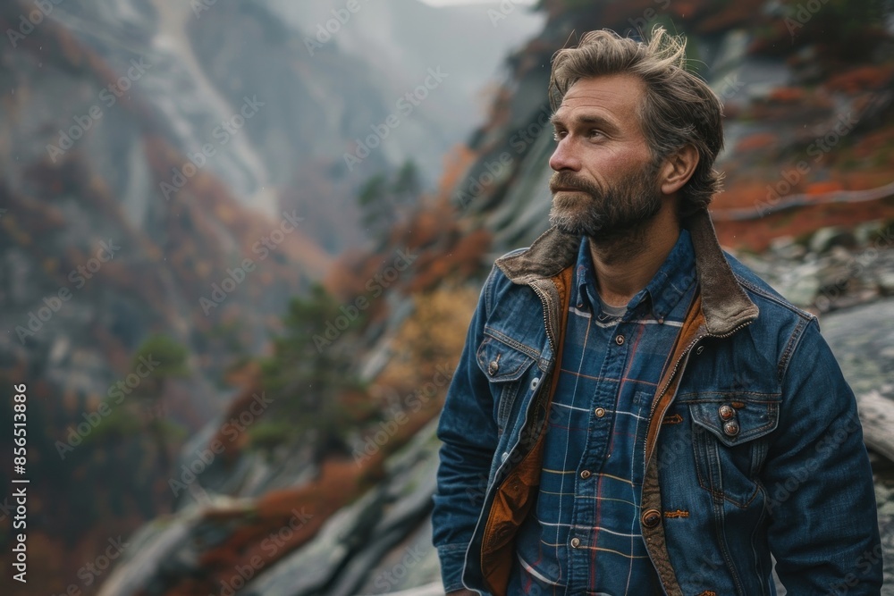 A man with a rugged look is seen in a mountain setting. He wears a denim jacket, a flannel shirt, and jeans. His hair is styled in a rugged, natural way, and his beard is well-kept. The mountain A man with a rugged look is seen in a mountain setting. He wears a denim jacket, a flannel shirt, and jeans. His hair is styled in a rugged, natural way, and his beard is well-kept. The mountain