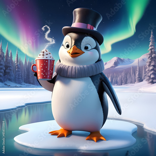 A penguin wearing a bowler hat and holding a cup of hot cocoa, ice skating on a frozen pond under twinkling northern lights.