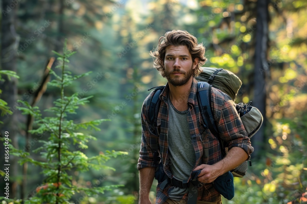 A man with an outdoor adventure style is seen in a forest. He wears a flannel shirt, cargo pants, and hiking boots. His hair is slightly tousled, and his beard is well-kept. The natural, green A man with an outdoor adventure style is seen in a forest. He wears a flannel shirt, cargo pants, and hiking boots. His hair is slightly tousled, and his beard is well-kept. The natural, green