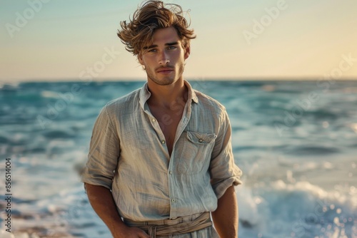 A man with a laid-back beach look is captured by the seaside. He wears a light linen shirt, rolled-up sleeves, and khaki shorts. His hair is tousled by the sea breeze, and he sports a natural,