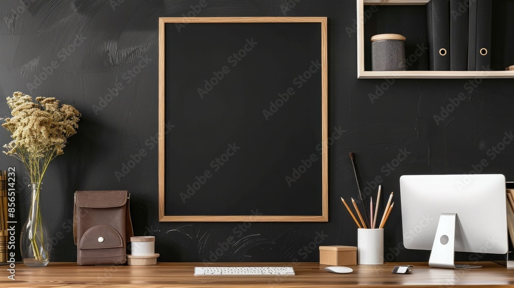 Modern workplace with blank blackboard, stationery and decorations on wooden table Modern workplace with blank blackboard, stationery and decorations on wooden table