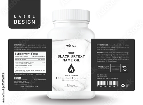 Food supplement vitamin label oil sticker creative modern design dietary bottle jar box packaging.