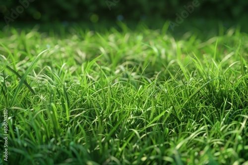 Field of green grass with a bright sun. Natural landscape background.