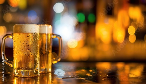 Two glasses of beer on a table with a blurry background