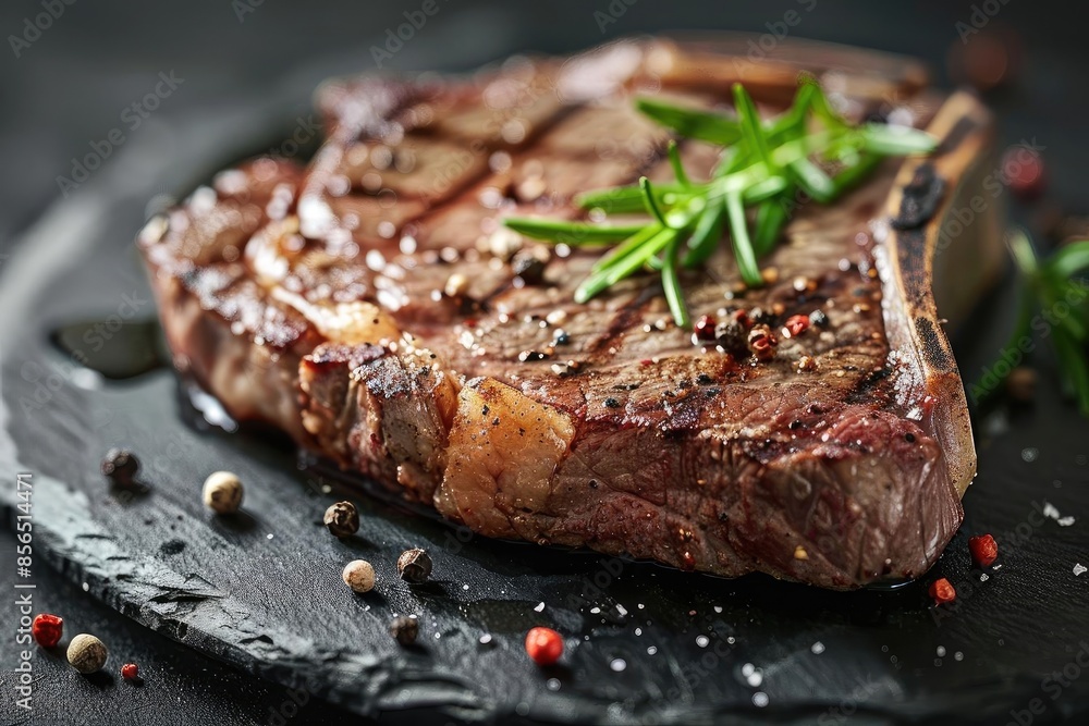 Delicious grilled steak with rosemary and peppercorns on a slate platter, showcasing a mouthwatering meal perfect for any gourmet occasion. Delicious grilled steak with rosemary and peppercorns on a slate platter, showcasing a mouthwatering meal perfect for any gourmet occasion.