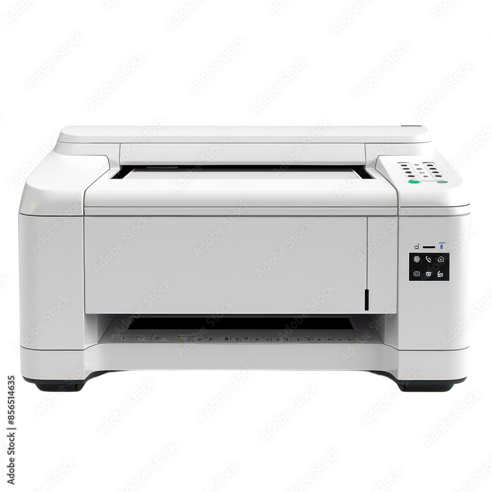 A white multifunction printer isolated on a white background. The printer has a flatbed scanner, paper tray, and control panel. A white multifunction printer isolated on a white background. The printer has a flatbed scanner, paper tray, and control panel.