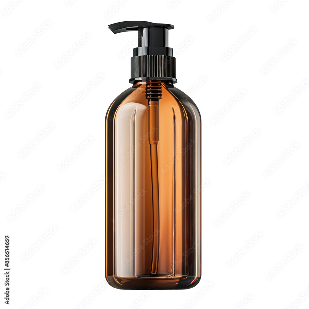 Amber glass pump bottle isolated on black background. Perfect for beauty, cosmetic, or household product packaging. Amber glass pump bottle isolated on black background. Perfect for beauty, cosmetic, or household product packaging.