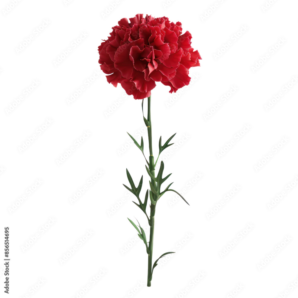 A single, vibrant red carnation with green stem and leaves, isolated on a black background.
