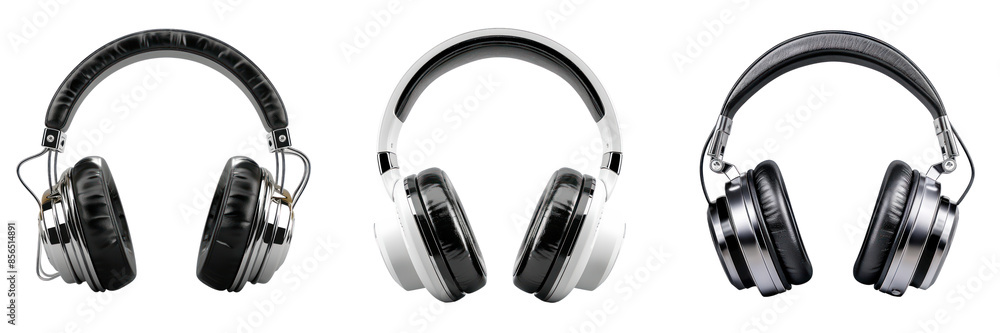 Three different color headphones on a black background.