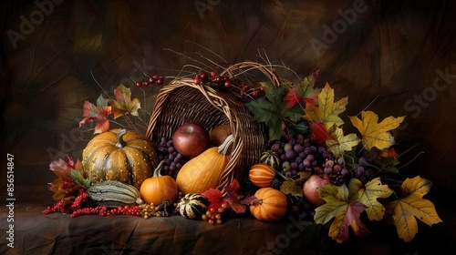 A rustic autumn still life with pumpkins, gourds, and vibrant leaves arranged in and around a cornucopia basket. photo