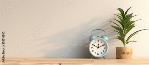 Alarm clock on wooden table and plant in pot on wall background