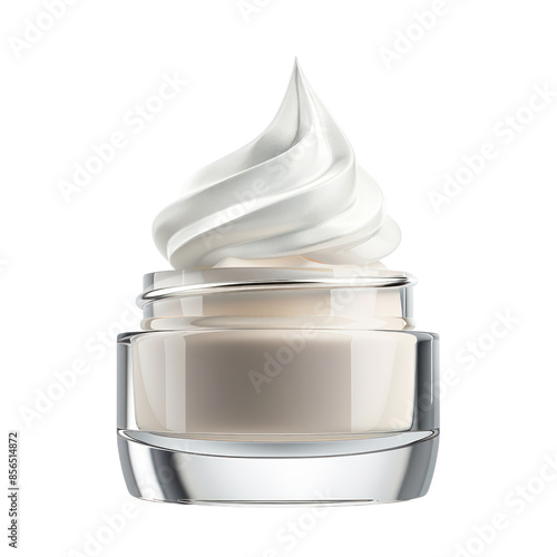Close-up of a white cream in a glass jar, with a swirl of cream on top.