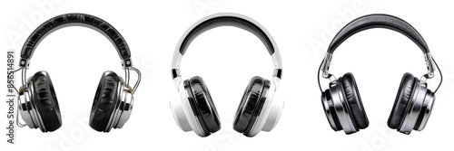 Three different color headphones on a black background. photo