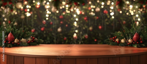 3d render of wooden table with christmas decorations and bokeh lights