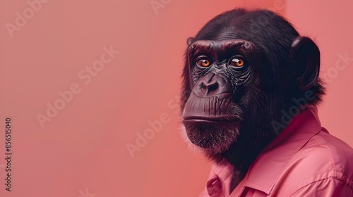 Surreal of a Woolly Monkey White Collar Worker on Dusty Rose Colored Background with Studio Lighting photo