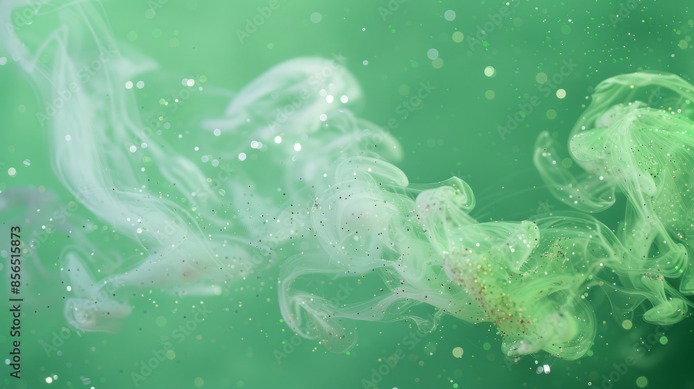 Fototapeta premium A jet of soap smoke with glitter on a bright green background.