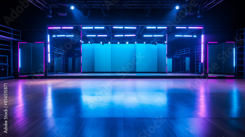 An empty dance studio stage with neon lights and large mirrors