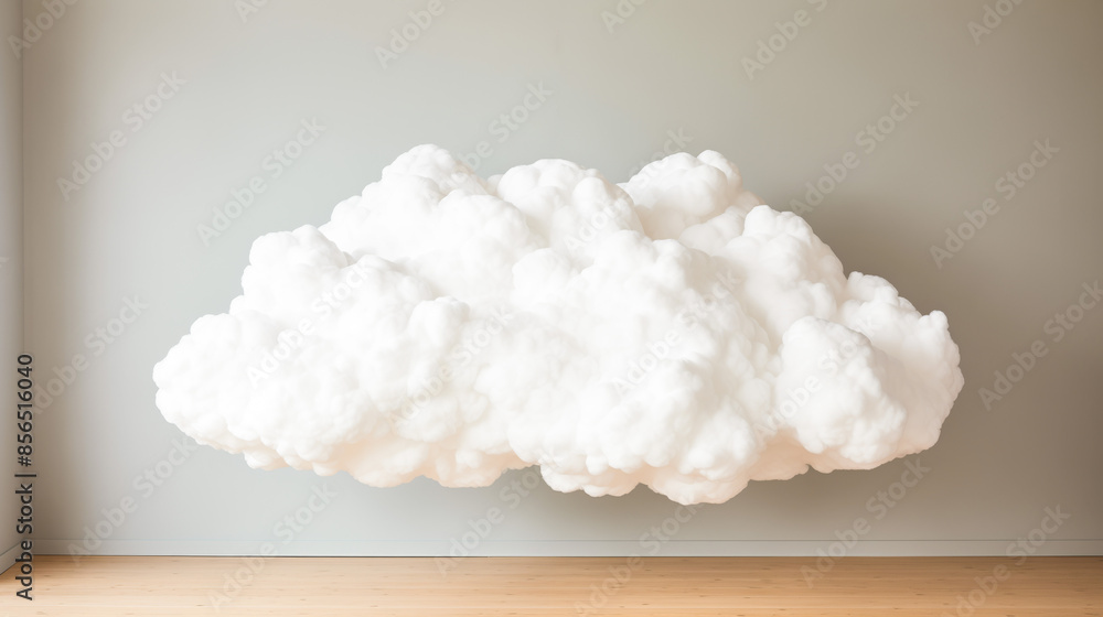 A large white cloud floats serenely against a grey wall in a minimalist room with a wood floor A large white cloud floats serenely against a grey wall in a minimalist room with a wood floor