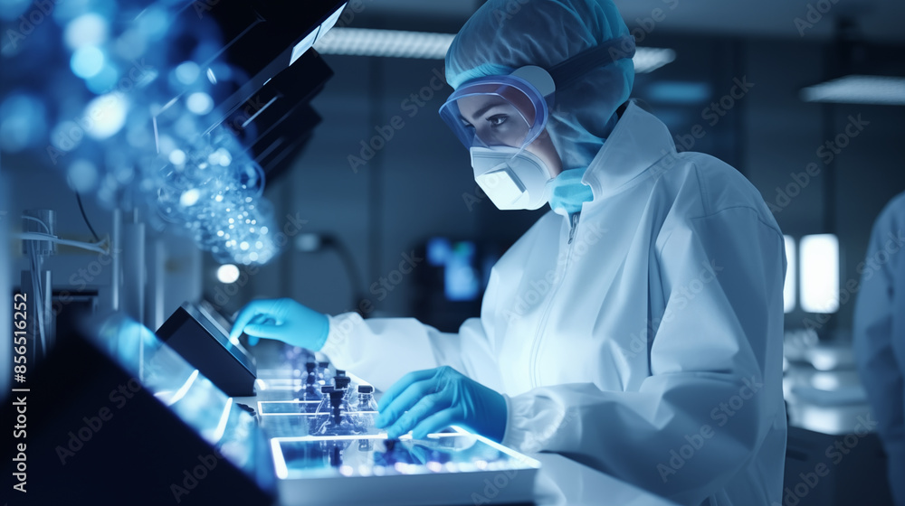 Healthcare worker in full protective gear examining virus samples in a high tech laboratory. Healthcare worker in full protective gear examining virus samples in a high tech laboratory.