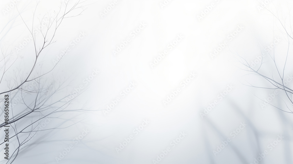 Fototapeta premium A white and gray landscape with bare tree branches casting soft shadows through the mist