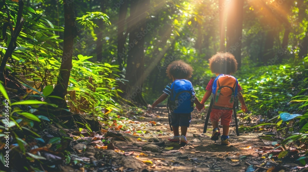 Two children are walking down a path in the woods. They are holding hands and wearing backpacks Two children are walking down a path in the woods. They are holding hands and wearing backpacks