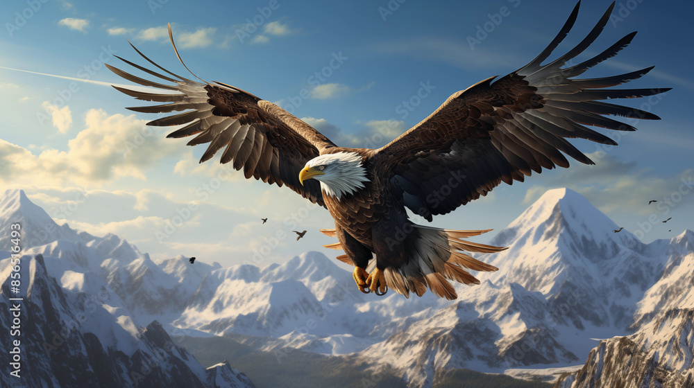 Eagle in mid flight against a clear blue sky, with its wings spread wide. Mountainous landscape with peaks and valleys visible below Eagle in mid flight against a clear blue sky, with its wings spread wide. Mountainous landscape with peaks and valleys visible below