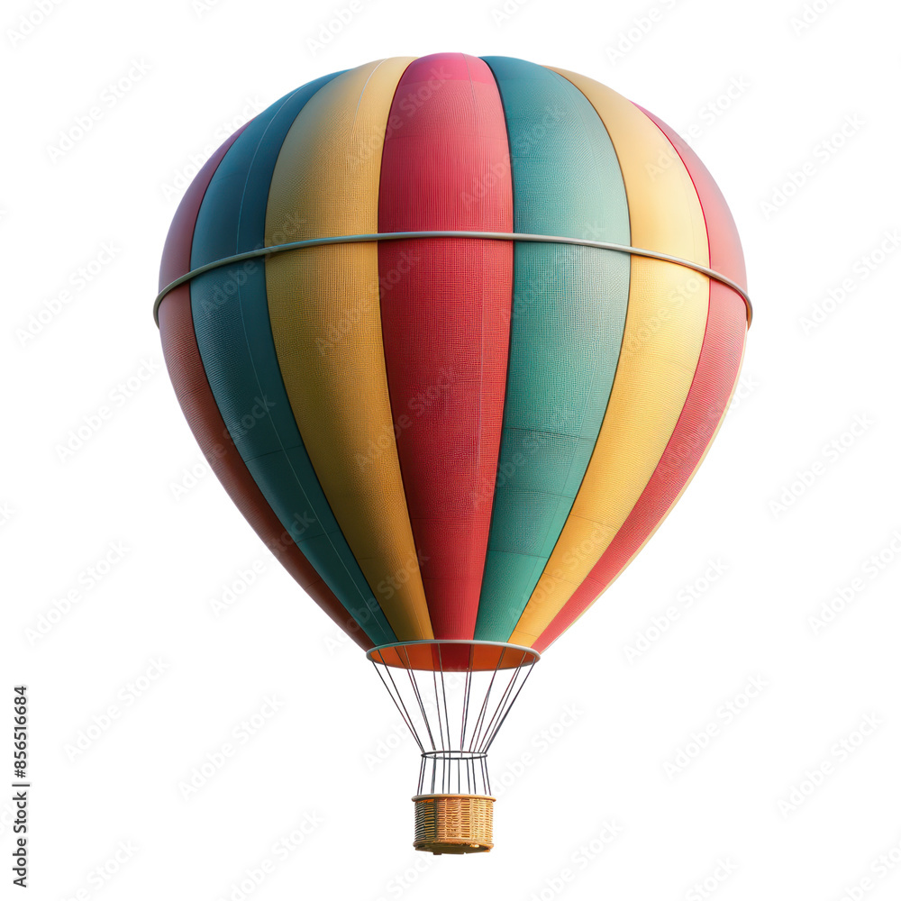 Fototapeta premium A colorful hot air balloon isolated on a black background. The balloon is red, yellow, and green. It is a 3D rendering of a hot air balloon.