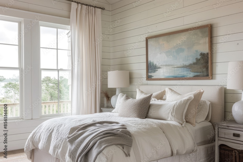 Fototapeta premium Empty Frame on Shiplap Wall in Coastal Bedroom
