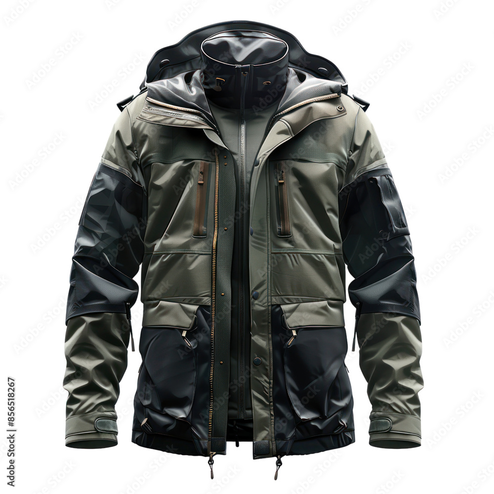 A stylish green and black winter jacket with multiple pockets and a hood. A stylish green and black winter jacket with multiple pockets and a hood.