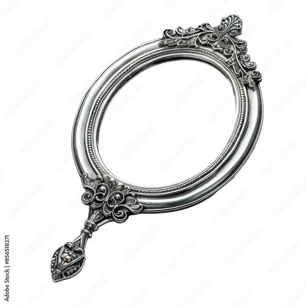 An ornate, silver hand mirror with an oval frame and a detailed handle.