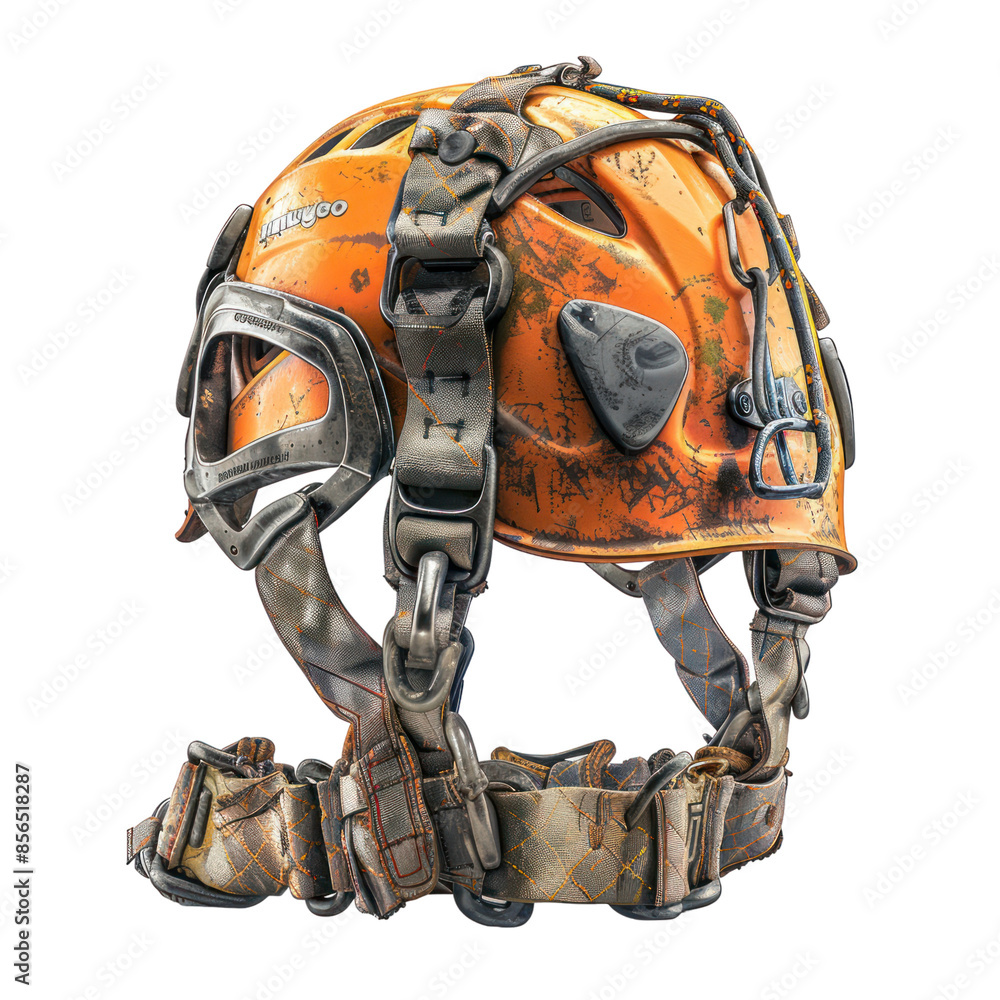 A bright orange climbing helmet with a camouflage pattern and adjustable straps.
