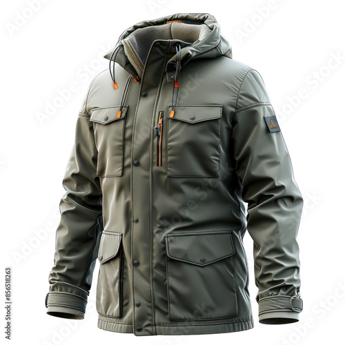 A stylish, green winter jacket with an orange zipper and pockets.  The jacket is perfect for staying warm and comfortable in cold weather. © DuangphonKPR