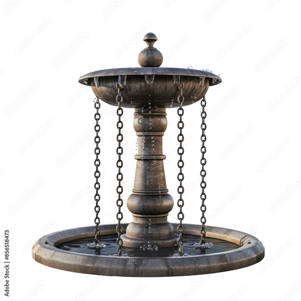 Ornate stone fountain with chains hanging from the basin.