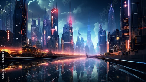 a futuristic city skyline at night with bright, neon lights reflected in the water.