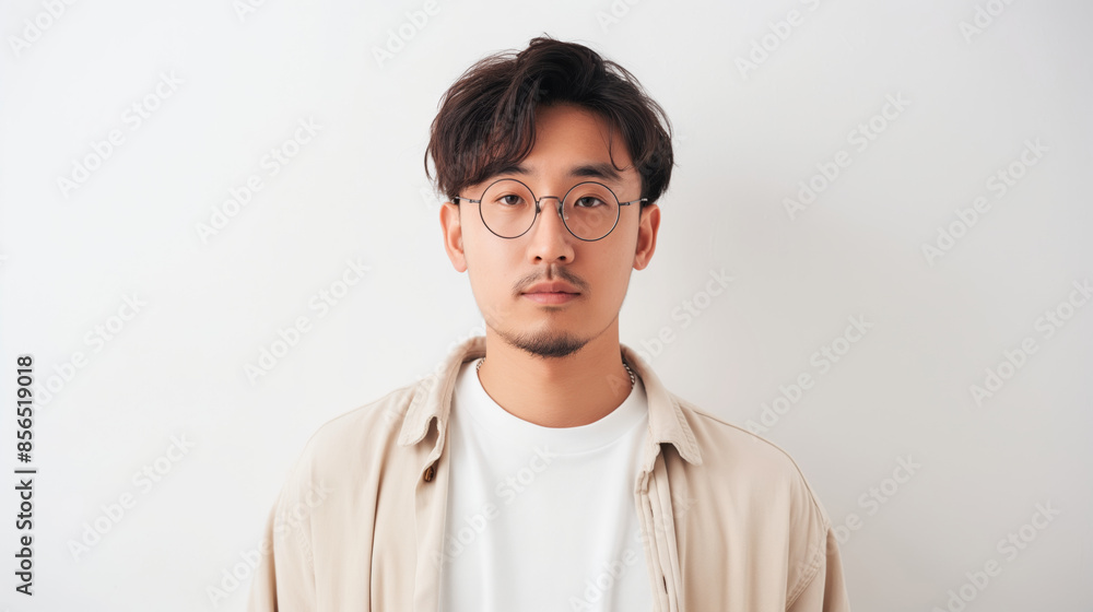 Young asian man wearing glasses against white wall. Young asian man wearing glasses against white wall.