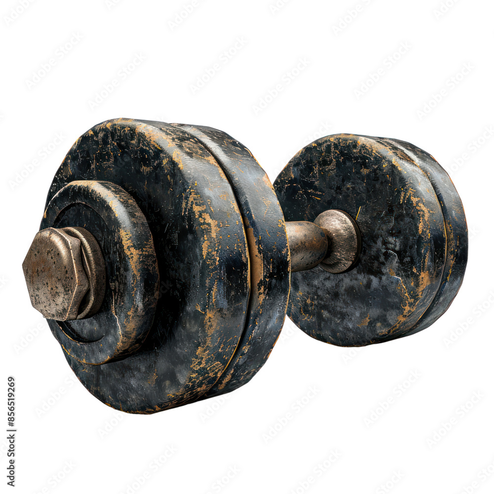 A worn, vintage dumbbell with a rusty, aged finish. The metal shows signs of wear and tear, highlighting its history.