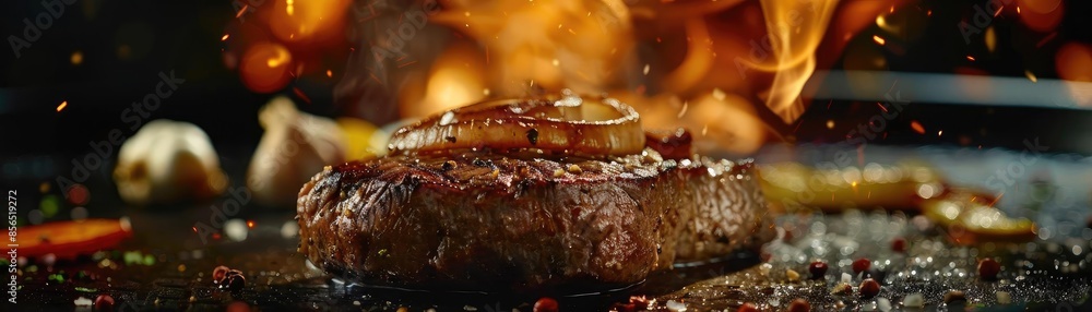Close-up of a sizzling steak on a grill with flames and garlic, depicting a delicious and juicy piece of grilled meat in a festive setting. Close-up of a sizzling steak on a grill with flames and garlic, depicting a delicious and juicy piece of grilled meat in a festive setting.