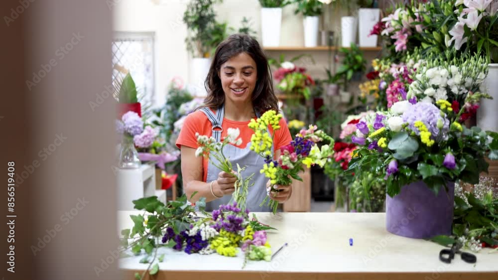 Young florist working at the flower shop and making a beautiful arrangement Young florist working at the flower shop and making a beautiful arrangement