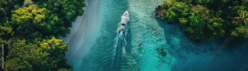 Aerial view of a boat navigating through crystal-clear turquoise water between lush green islands. Perfect summer getaway and nature exploration.