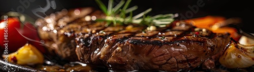 Close-up of a juicy grilled steak with herbs and vegetables, perfectly cooked on a dark background, showcasing delicious gourmet food. photo