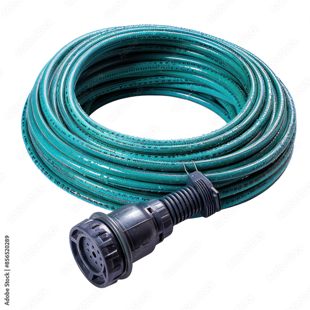 Green coiled electrical cable with a black connector. Green coiled electrical cable with a black connector.