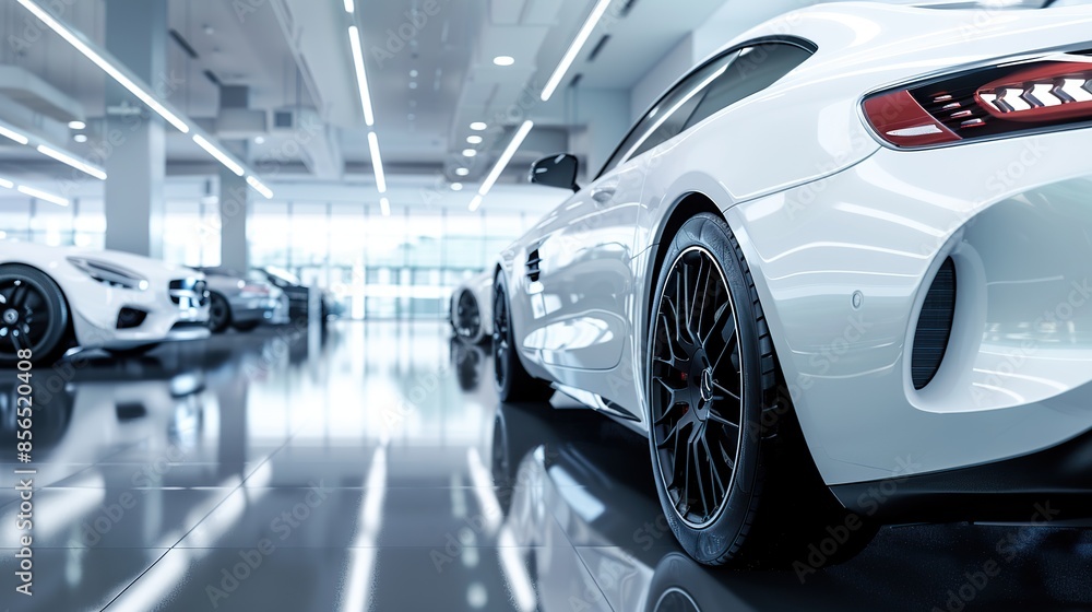 Fototapeta premium Interior modern cars in showroom, Luxury showroom car. Car for sale. white tone. copy space for text.